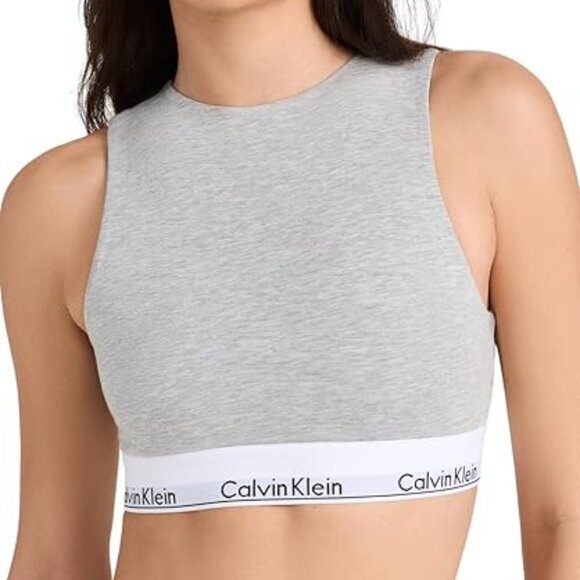 Calvin Klein Unlined Bralette QF7626 Lightly Ribbed Logo Band - Grey Heather M - Picture 1 of 1